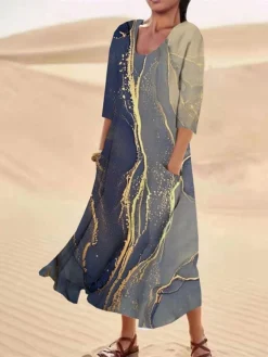 Women's Casual Dress Cotton Linen Dress Midi Dress Polyester Fashion Casual Daily Outdoor Daily Vacation Crew Neck Pocket Print Half Sleeve Summer Spring Fall 2023 Loose Fit Light Pink Pink Navy Blue -Party Prom Dresses Sales Store incngq1690365478619