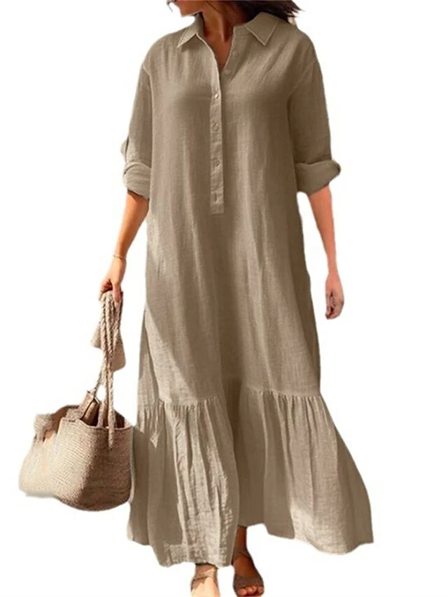 Women's Casual Dress Cotton Dress Swing Dress Maxi Long Dress Cotton Basic Classic Outdoor Daily Vacation Shirt Collar Ruched Button Long Sleeve Spring Fall Winter 2023 Loose Fit Blue Green Khaki 4 Women's Casual Dress Cotton Dress Swing Dress Maxi Long Dress Cotton Basic Classic Outdoor Daily Vacation Shirt Collar Ruched Button Long Sleeve Spring Fall Winter 2023 Loose Fit Blue Green Khaki - Image 4