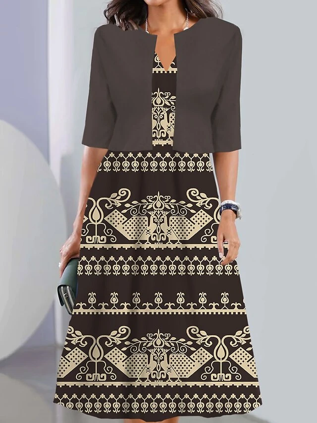 Women's Two Piece Dress Set Casual Dress Tank Dress Outdoor Daily Vintage Casual Pocket Print Midi Dress V Neck 3/4 Length Sleeve Geometric Color Block Regular Fit Black Pink Wine Summer Spring S M L 4 Women's Two Piece Dress Set Casual Dress Tank Dress Outdoor Daily Vintage Casual Pocket Print Midi Dress V Neck 3/4 Length Sleeve Geometric Color Block Regular Fit Black Pink Wine Summer Spring S M L - Image 4