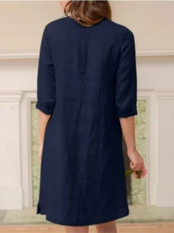 Women's Casual Dress Cotton Linen Dress A Line Dress Midi Dress Cotton Blend Basic Casual Outdoor Daily V Neck Pocket 3/4 Length Sleeve Summer Spring Fall 2023 Loose Fit ArmyGreen Navy Blue Orange -Party Prom Dresses Sales Store ioxbjm1675929175526