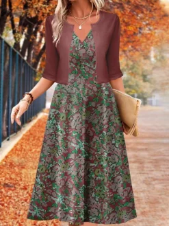 Women's Two Piece Dress Set Casual Dress Swing Dress Outdoor Daily Fashion Elegant Print Midi Dress V Neck Half Sleeve Floral Regular Fit Blue Purple Fuchsia Fall Winter S M L XL XXL -Party Prom Dresses Sales Store iozaso1697782813561