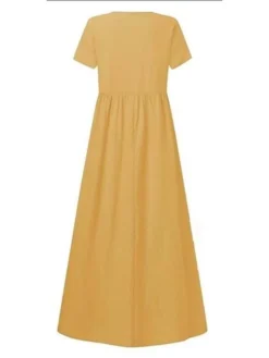 Women's Casual Dress Cotton Linen Dress Maxi Long Dress Polyester Daily Casual Daily Outdoor Home Daily Crew Neck Ruched Pocket Short Sleeve Summer Spring 2023 Regular Fit Black Yellow Plain S M L XL -Party Prom Dresses Sales Store ipagmd1689760736206