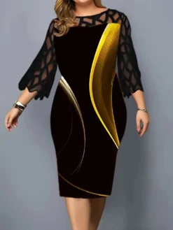 Women's Plus Size Party Dress Cocktail Dress Bodycon Midi Dress Black 3/4 Length Sleeve Striped Lace Spring Fall Winter Crew Neck Fashion Wedding Guest Vacation 2023 L XL XXL 3XL 4XL 5XL