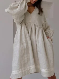 Women's Casual Dress Cotton Linen Dress Swing Dress Mini Dress Linen / Cotton Blend Fashion Modern Outdoor Daily Vacation V Neck Lace Ruched Long Sleeve Fall Winter Autumn 2023 Loose Fit Blue Brown -Party Prom Dresses Sales Store ipbkgn1692961124826