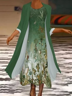 Women's Two Piece Dress Set Casual Dress Print Dress Daily Holiday Fashion Modern Print Long Dress Maxi Dress Crew Neck Long Sleeve Floral Marble Print Regular Fit Sky Blue Dark Green Green Summer -Party Prom Dresses Sales Store ipbuji1694511589846