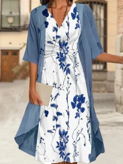 Women's Two Piece Dress Set Casual Dress Chiffon Dress Outdoor Daily Fashion Streetwear Knot Front Print Midi Dress V Neck 3/4 Length Sleeve Floral Regular Fit White Blue Gray Fall Winter S M L XL XXL -Party Prom Dresses Sales Store ipeeet1693886043277