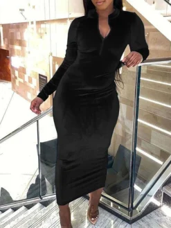 Women's Party Dress Velvet Dress Wedding Guest Dress Midi Dress Black Pink Wine Long Sleeve Pure Color Zipper Spring Fall Winter V Neck Fashion Winter Dress Evening Party Wedding Guest 2023 S M L XL -Party Prom Dresses Sales Store iqyinl1692615529112