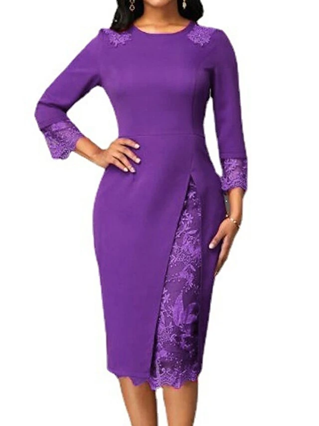 Women's Work Dress Sheath Dress Semi Formal Dress Fashion Office Daily Workfashion Midi Dress Lace Patchwork Crew Neck 3/4 Length Sleeve Plain Slim Red Blue Purple Fall Winter S M L XL XXL 5 Women's Work Dress Sheath Dress Semi Formal Dress Fashion Office Daily Workfashion Midi Dress Lace Patchwork Crew Neck 3/4 Length Sleeve Plain Slim Red Blue Purple Fall Winter S M L XL XXL - Image 5