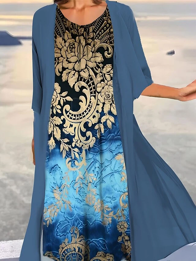 Women's Two Piece Dress Set Casual Dress Print Dress Outdoor Daily Vintage Ethnic Print Midi Dress Crew Neck 3/4 Length Sleeve Floral Tribal Loose Fit Black Navy Blue Royal Blue Summer Spring S M L 2 Women's Two Piece Dress Set Casual Dress Print Dress Outdoor Daily Vintage Ethnic Print Midi Dress Crew Neck 3/4 Length Sleeve Floral Tribal Loose Fit Black Navy Blue Royal Blue Summer Spring S M L - Image 2