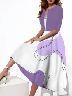 Women's Two Piece Dress Set Casual Dress Tank Dress Outdoor Daily Fashion Streetwear Pocket Print Midi Dress V Neck 3/4 Length Sleeve Geometric Color Block Regular Fit Black Blue Purple Summer Spring -Party Prom Dresses Sales Store irxhwl1690544678385