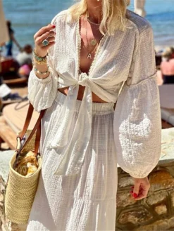 Women's Two Piece Dress Set Casual Dress Skirt Set Daily Holiday Streetwear Casual Ruched Long Dress Maxi Dress V Neck Long Sleeve Plain Regular Fit White Spring Fall S M L XL -Party Prom Dresses Sales Store isbpiv1689325683239