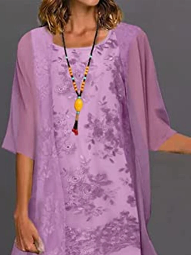 Women's Two Piece Dress Set Casual Dress Print Dress Outdoor Daily Casual Mature Mesh Print Midi Dress Crew Neck Half Sleeve Floral Regular Fit Purple Summer Spring S M L XL XXL 2 Women's Two Piece Dress Set Casual Dress Print Dress Outdoor Daily Casual Mature Mesh Print Midi Dress Crew Neck Half Sleeve Floral Regular Fit Purple Summer Spring S M L XL XXL - Image 2