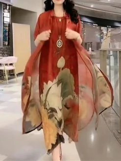 Women's Two Piece Dress Set Casual Dress Swing Dress Daily Holiday Fashion Casual Print Midi Dress Crew Neck Half Sleeve Floral Print Loose Fit Red Blue Orange Summer Spring M L XL XXL 3XL -Party Prom Dresses Sales Store itgafw1691462027976