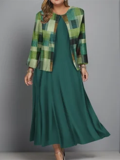 Women's Plus Size Two Piece Dress Set Casual Dress Swing Dress Outdoor Office Fashion Streetwear Print Midi Dress Crew Neck Long Sleeve Plaid Regular Fit Black Blue Brown Fall Winter L XL XXL 3XL 4XL -Party Prom Dresses Sales Store itjqld1697681150333
