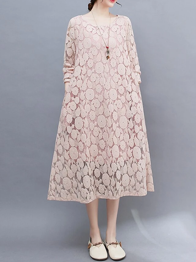 Women's Work Dress Lace Dress Black Dress Fashion Midi Dress Lace Pocket Crew Neck Long Sleeve Plain Loose Fit Black White Pink Fall M L XL XXL 3XL 9 Women's Work Dress Lace Dress Black Dress Fashion Midi Dress Lace Pocket Crew Neck Long Sleeve Plain Loose Fit Black White Pink Fall M L XL XXL 3XL - Image 9