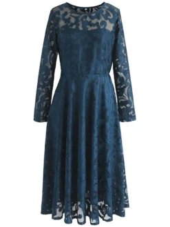 Women's Party Dress Lace Dress Swing Dress Midi Dress Wine Red Black Blue Long Sleeve Pure Color Lace Winter Fall Spring Crew Neck Elegant Party Winter Dress Wedding Guest 2023 S M L XL 2XL 3XL -Party Prom Dresses Sales Store itqjse1675422468830