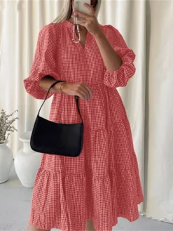 Women's Casual Dress Cotton Dress Midi Dress Cotton Basic Classic Outdoor Daily Vacation V Neck Print Long Sleeve Spring Fall Winter 2023 Loose Fit Black Yellow Red Plaid S M L XL 2XL -Party Prom Dresses Sales Store itqygy1692695629877