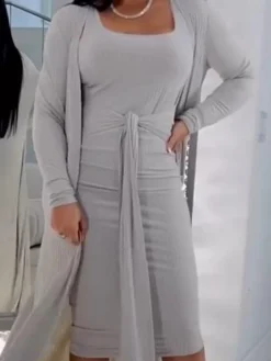 Women's Two Piece Dress Set Casual Dress Sheath Dress Outdoor Daily Fashion Streetwear Lace Up Ruched Midi Dress U Neck Long Sleeve Plain Slim Purple Gray Fall Winter S M L XL -Party Prom Dresses Sales Store itzwjk1693902394700