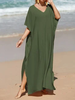 Women's White Dress A Line Dress Cover Up Long Dress Maxi Dress Cotton Basic Casual Outdoor Daily Vacation V Neck Split 3/4 Length Sleeve Summer Spring Fall 2022 Loose Fit Black White Yellow Plain -Party Prom Dresses Sales Store iuchju1672828150513