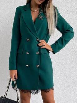 Women‘s Work Dress Blazer Dress And Jacket Set Party Dress Mini Dress Black Red Green Long Sleeve Pure Color Lace Fall Winter Autumn Shirt Collar Work Winter Dress Fall Dress Loose Fit 2023 -Party Prom Dresses Sales Store iufkig1636100784811