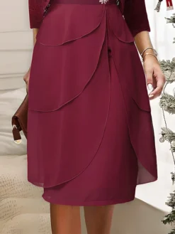 Women's Two Piece Dress Set Party Dress Lace Dress Party Office Fashion Elegant Lace Ruffle Midi Dress V Neck 3/4 Length Sleeve Plain Regular Fit Red Fall Winter S M L XL XXL -Party Prom Dresses Sales Store iuimws1697167539069