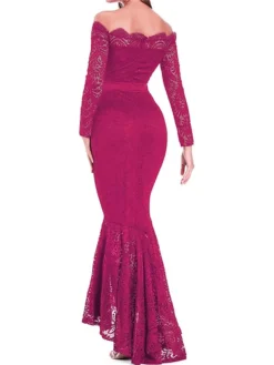 Women‘s Formal Party Dress Lace Dress Sheath Dress Long Dress Maxi Dress Wine Long Sleeve Pure Color Lace Winter Fall Spring Off Shoulder Fashion Evening Party 2023 S M L XL XXL -Party Prom Dresses Sales Store iujzrs1670581773193