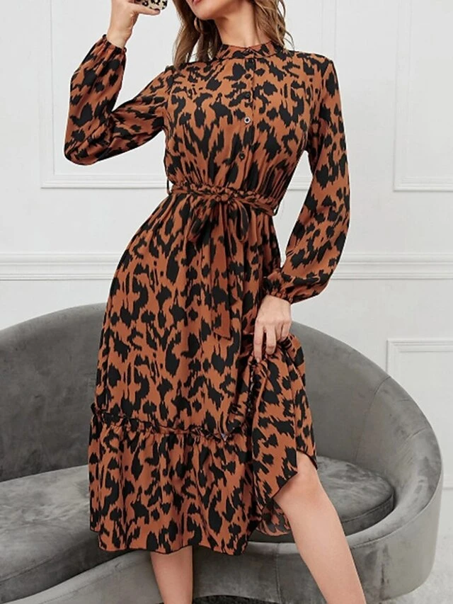 Women's Work Dress Casual Dress Semi Formal Dress Fashion Office Daily Midi Dress Lace Up Ruffle Stand Collar Long Sleeve Leopard Loose Fit Orange Apricot Fall Winter S M L XL 5 Women's Work Dress Casual Dress Semi Formal Dress Fashion Office Daily Midi Dress Lace Up Ruffle Stand Collar Long Sleeve Leopard Loose Fit Orange Apricot Fall Winter S M L XL - Image 5