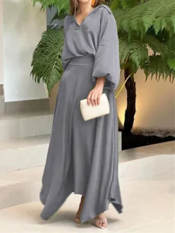 Women's Two Piece Dress Set Casual Dress Skirt Set Daily Date Streetwear Elegant Pocket Long Dress Maxi Dress Shirt Collar Long Sleeve Plain Loose Fit Black Wine Blue Fall Winter S M L XL XXL -Party Prom Dresses Sales Store ivircj1694085332794