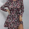 Women's Work Dress Sheath Dress Semi Formal Dress Fashion Mini Dress Lace Up Print Crew Neck Long Sleeve Floral Loose Fit Black Fuchsia Brown Fall S M L XL XXL