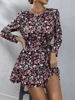 Women's Work Dress Sheath Dress Semi Formal Dress Fashion Mini Dress Lace Up Print Crew Neck Long Sleeve Floral Loose Fit Black Fuchsia Brown Fall S M L XL XXL