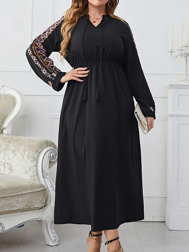 Women's Work Dress Black Dress Semi Formal Dress Fashion Midi Dress Print V Neck Long Sleeve Print Loose Fit Black Spring Fall XL XXL 3XL 4XL 6 Women's Work Dress Black Dress Semi Formal Dress Fashion Midi Dress Print V Neck Long Sleeve Print Loose Fit Black Spring Fall XL XXL 3XL 4XL - Image 6