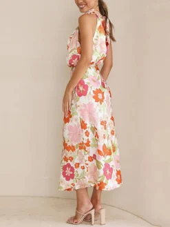 Women's Prom Dress Party Dress Satin Dress Long Dress Maxi Dress White Blue Orange Sleeveless Floral Ruched Fall Winter Autumn Halter Neck Fashion Evening Party Vacation 2023 S M L XL -Party Prom Dresses Sales Store iwqoxl1694592352233