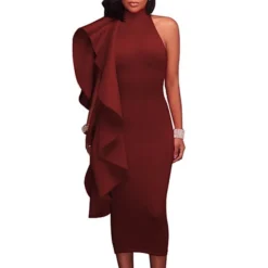 Women‘s Cocktail Party Dress Wedding Guest Dress Sheath Dress Midi Dress Green Black Blue Sleeveless Pure Color Ruffle Fall Spring Autumn Turtleneck S M L XL XXL -Party Prom Dresses Sales Store iwskzg1635431727896