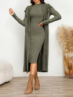 Women's Two Piece Dress Set Casual Dress Sheath Dress Home Daily Fashion Streetwear Split Midi Dress Stand Collar Long Sleeve Plain Slim Black Army Green Gray Fall Winter S M L XL XXL -Party Prom Dresses Sales Store iwvqkc1695813700516