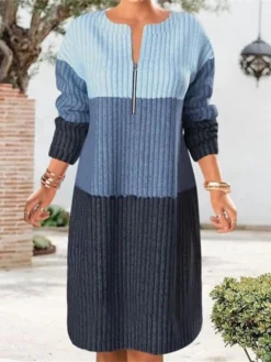 Women's Sweater Dress Winter Dress Jumper Dress Midi Dress Fashion Color Block Outdoor Street Daily Vacation V Neck Long Sleeve Zipper Print 2023 Loose Fit Black Pink Peach M L XL XXL 3XL 4XL 5XL