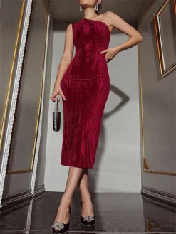 Women's Party Dress Velvet Dress Cocktail Dress Midi Dress Wine Dark Green Sleeveless Pure Color Split Spring Fall Winter One Shoulder Fashion Birthday Wedding Guest Vacation 2023 S M L XL -Party Prom Dresses Sales Store ixdwsm1692858602652