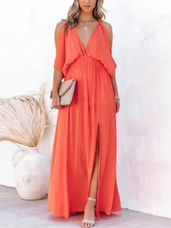 Women's Long Dress Maxi Dress Party Dress Swing Dress A Line Dress Pure Color Basic Casual Holiday Date Beach Backless Split Half Sleeve V Neck Dress Loose Fit White Yellow Orange Spring Summer S M L -Party Prom Dresses Sales Store ixmlqc1673321890104