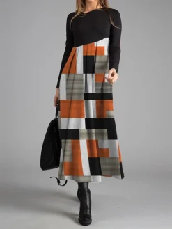 Women's Work Dress Casual Dress Swing Dress Fashion Winter Dress Daily Long Dress Maxi Dress Button Print V Neck Long Sleeve Geometric Plaid Regular Fit Blue Orange Brown Fall Winter S M L XL XXL -Party Prom Dresses Sales Store ixrtvl1695887962715