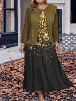 Women's Plus Size Two Piece Dress Set Casual Dress Swing Dress Outdoor Office Fashion Streetwear Print Midi Dress Crew Neck Long Sleeve Ombre Regular Fit Wine Navy Blue Blue Fall Winter L XL XXL 3XL -Party Prom Dresses Sales Store iydhgs1697785917894