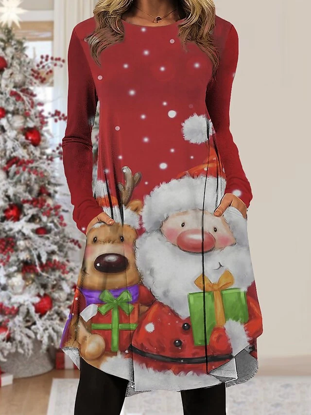 Women's Christmas Work Dress Casual Dress Fashion Winter DressDaily Midi Dress Pocket Print Crew Neck Long Sleeve Cat Santa Claus Regular Fit White Wine Red Fall Winter S M L XL XXL 3 Women's Christmas Work Dress Casual Dress Fashion Winter DressDaily Midi Dress Pocket Print Crew Neck Long Sleeve Cat Santa Claus Regular Fit White Wine Red Fall Winter S M L XL XXL - Image 3