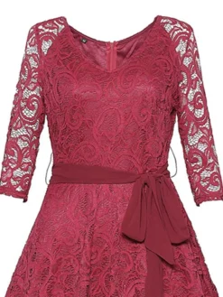 Women's Party Dress Lace Dress Vintage Dress Midi Dress Wine 3/4 Length Sleeve Pure Color Lace Spring Fall Winter V Neck Fashion Party Evening Party Spring Dress 2023 XS S M L XL XXL -Party Prom Dresses Sales Store iyllkz1670998261921