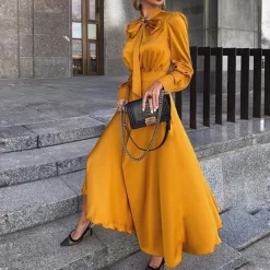 Women‘s Party Dress Wedding Guest Dress Satin Dress Swing Dress Long Dress Maxi Dress Black Yellow Red Long Sleeve Pure Color Lace Up Fall Autumn Stand Collar Modern Winter Dress 2023 S M L XL XXL -Party Prom Dresses Sales Store iymaqu1647321890727