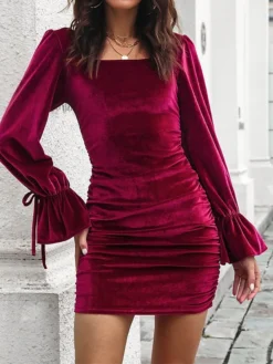 Women's Party Dress Velvet Dress Homecoming Dress Mini Dress Black Pink Wine Long Sleeve Pure Color Ruched Fall Winter Autumn Square Neck Fashion Winter Dress Vacation Fall Dress 2023 S M L XL -Party Prom Dresses Sales Store iyogrq1694586023568