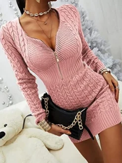 Women's Sweater Dress Jumper Dress Sheath Dress Mini Dress Warm Pure Color Outdoor Casual Holiday Going Out V Neck Long Sleeve Zipper 2023 Slim Black White Pink S M L XL XXL 3XL -Party Prom Dresses Sales Store iyshno1694166174075