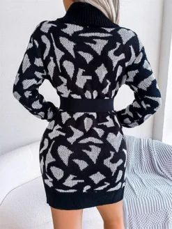 Women's Sweater Dress Jumper Dress Casual Dress Mini Dress Fashion Leopard Outdoor Daily Going Out Turtleneck Long Sleeve 2023 Loose Fit Black Wine Khaki S M L -Party Prom Dresses Sales Store iytcya1694756300592