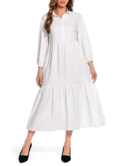Women's Work Dress Satin Dress Swing Dress Fashion Midi Dress Ruffle Button Shirt Collar Long Sleeve Plain Loose Fit White Fall Winter S M L XL XXL
