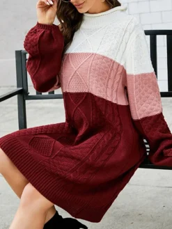 Women's Sweater Dress Jumper Dress Casual Dress Midi Dress Fashion Color Block Outdoor Holiday Vacation Going Out Round Neck Long Sleeve Patchwork 2023 Loose Fit Wine Khaki S M L XL -Party Prom Dresses Sales Store izjifn1697537959603