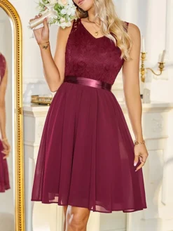 Women's Party Dress Lace Dress Cocktail Dress Midi Dress Pink Wine Navy Blue Sleeveless Pure Color Lace Spring Fall Winter V Neck Fashion Winter Dress Wedding Guest Vacation 2023 S M L XL XXL -Party Prom Dresses Sales Store izpvju1692180319926
