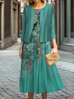 Women's Two Piece Dress Set Casual Dress Swing Dress Outdoor Office Fashion Streetwear Print Midi Dress Crew Neck 3/4 Length Sleeve Floral Regular Fit Blue Brown Green Fall Winter S M L XL XXL
