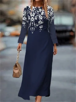 Women's Work Dress Casual Dress Semi Formal Dress Fashion Winter Dress Daily Midi Dress Print Crew Neck Long Sleeve Floral Slim Dark Brown Black White Fall Winter S M L XL XXL